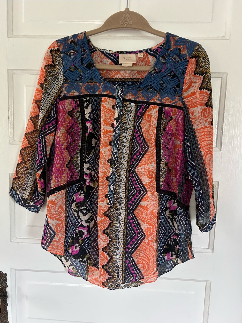 Anthropologie Vanessa Virginia Boho Embroidered Blouse - Orange Multi. Size 6